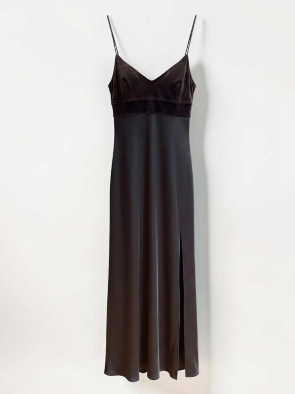 NWOT Leith Steel Blue Velvet and Satin Slip Maxi Dress with Thigh Split - Size S